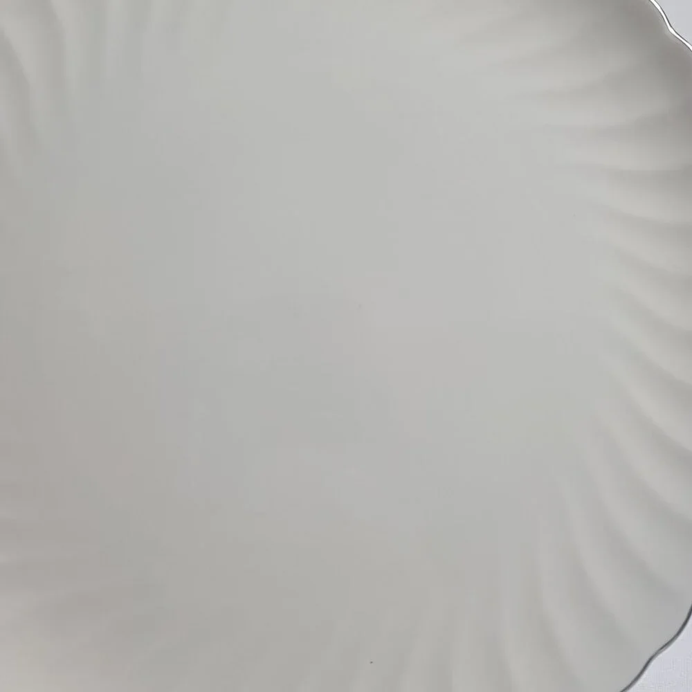 Syracuse China Wedding Ring Dinner Plate White with Platinum Trim Swirled Edge